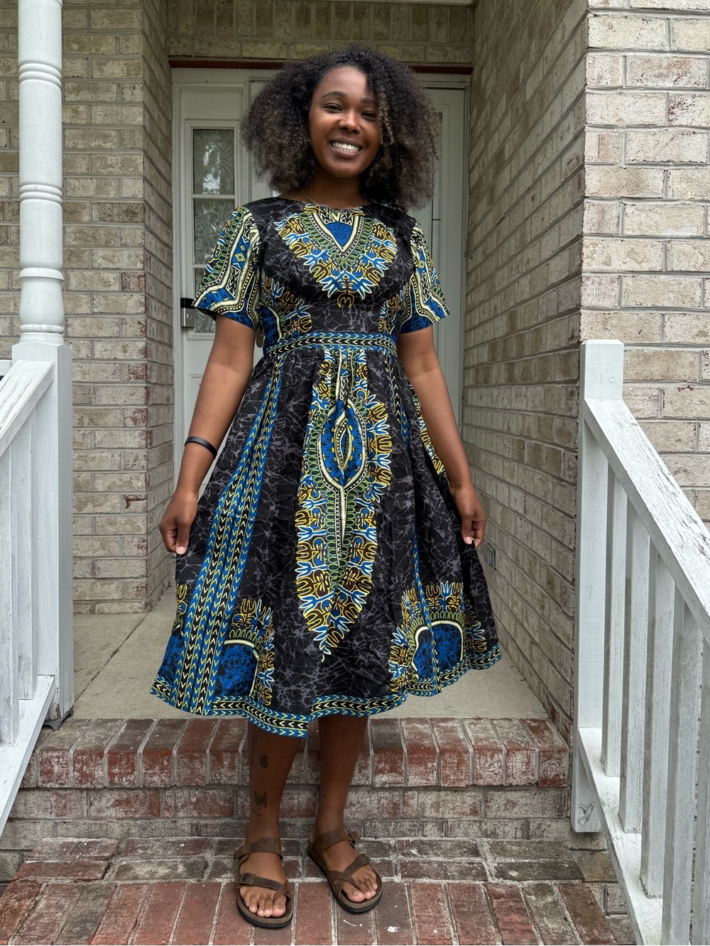 Black & Blue African Printed Ethnic Short-Sleeve Fit-and-Flare Dress